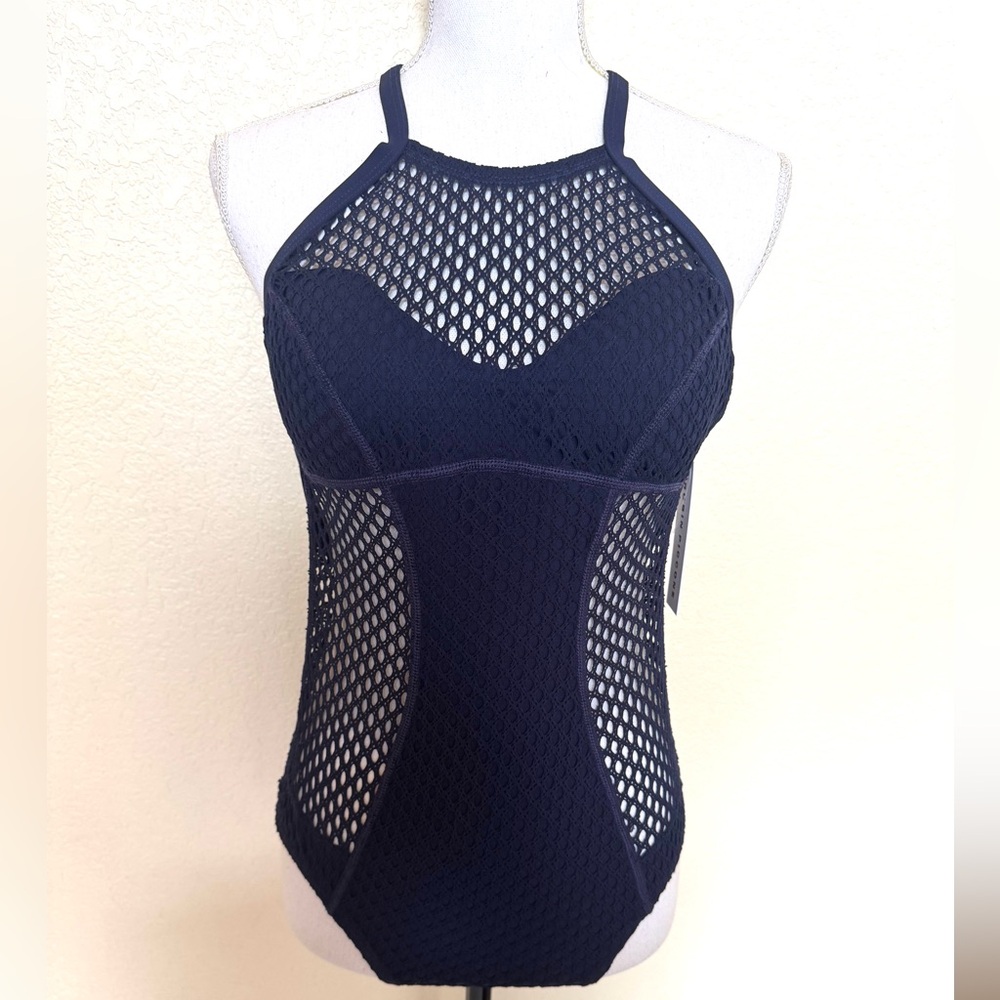 Robin Piccone Navy Blue Mesh One-Piece Swimsuit
